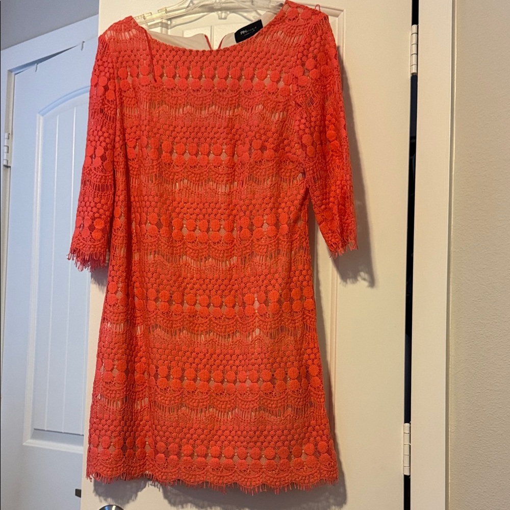 Ronni Nicole Vibrant Coral Lace Midi Dress